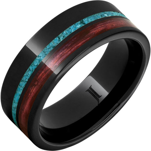 Black Diamond Ceramic Ring W/ Cabernet Wood & Turquoise Inlays