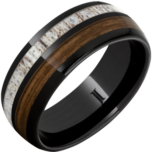 Black Diamond Ceramic Ring w/ Borubon Barrel Wood & Antler Inlays