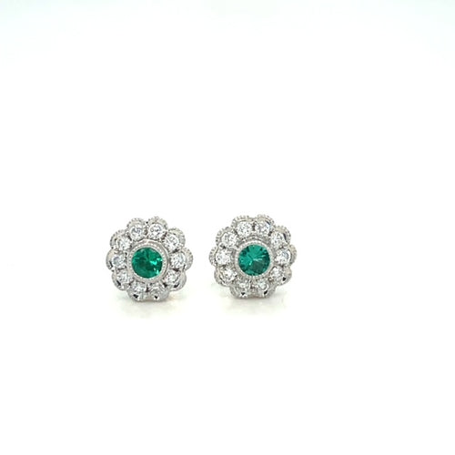 Emerald & Diamond Flower Stud Earrings