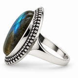 Sterling Silver Oval Labradorite Ring with Beaded Detail