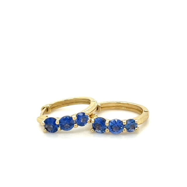 Blue Sapphire 3-Stone Hoop Earrings in Yellow Gold