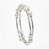 Silver Tone  Cultured White Pearls Double Snake Bracelet