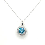 14K White Gold Blue Topaz & Diamond Halo Pendant