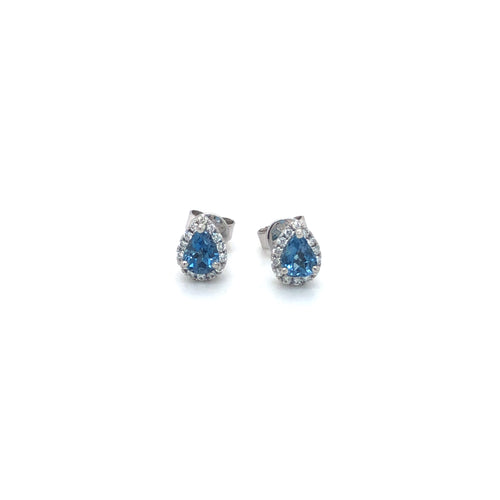 14KW Pear Shape Aqua & Diamond Halo Earrings