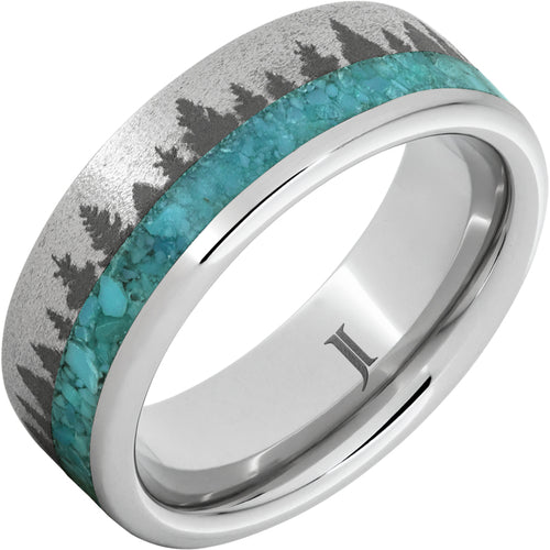 Serinium Ring W/ Turquoise Inlay, Pine Forest Engraving & Stone Finish