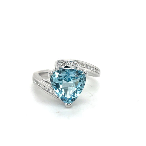 Trillion Cut Aqua & Diamond Bypass Ring