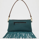 Large White Cowhide with Teal Leather Fringe Crossbody Purse