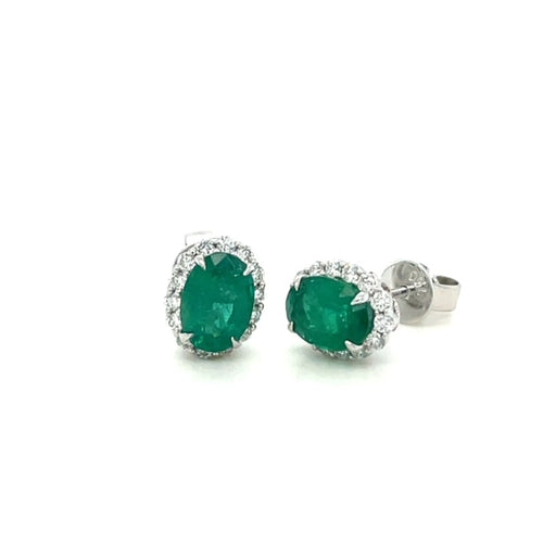 Oval Emerald & Diamond Halo Stud Earrings