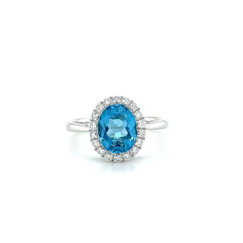 14KW Blue Topaz & Diamond Halo Ring