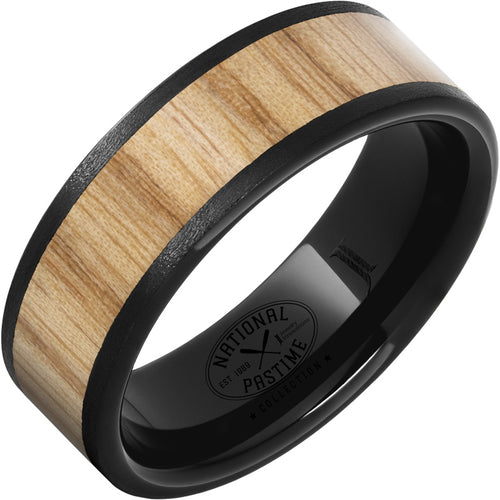 Black Diamond Ceramic Ring w/ White Ash Vintage Baseball Bat Wood Inlay & Stone Finish