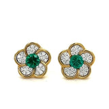 Diamond and Emerald Flower Earrings in Yellow Gold