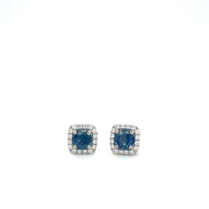 14KW Sapphire & Diamond Halo Square Stud Earrings