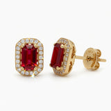 Emerald-cut Ruby & Diamond Halo Stud Earrings