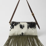 Black & White Cowhide with Olive Fringe