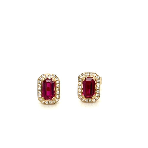 Emerald-cut Ruby & Diamond Halo Stud Earrings