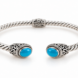 Silver Turquoise Open Cuff Bracelet with Ornate Scrollwork