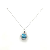 14K White Gold Blue Topaz & Diamond Halo Pendant
