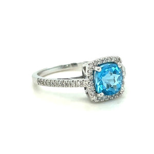 Blue Topaz & Square Diamond Halo 14k White Gold Ring