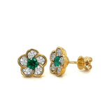 Diamond and Emerald Flower Earrings in Yellow Gold