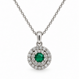 White Gold Emerald & Diamond Double Halo Necklace
