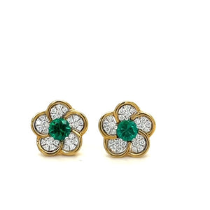 Diamond and Emerald Flower Earrings in Yellow Gold