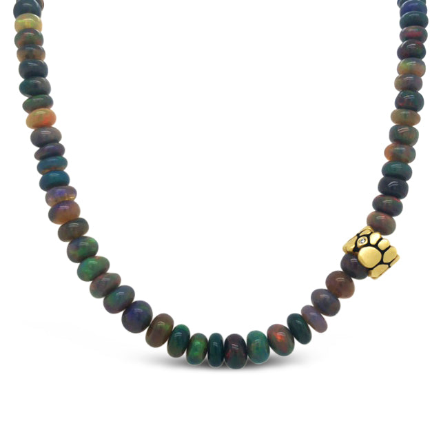 Black Ethiopian Opal Necklace w/ 18KY Boulder bead & Diamonds