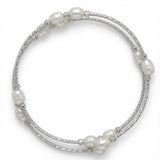 Silver Tone  Cultured White Pearls Double Snake Bracelet