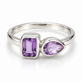 Silver Two-Stone Amethyst Ring with Pear & Emerald-Cut Gemstones
