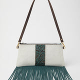 Large White Cowhide with Teal Leather Fringe Crossbody Purse