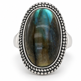 Sterling Silver Oval Labradorite Ring with Beaded Detail