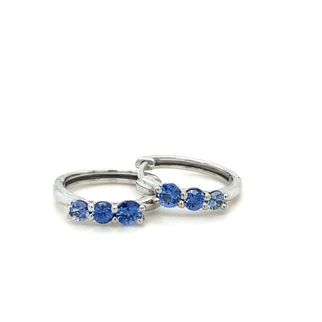 Blue Sapphire 3-Stone Hoop Earrings in White Gold